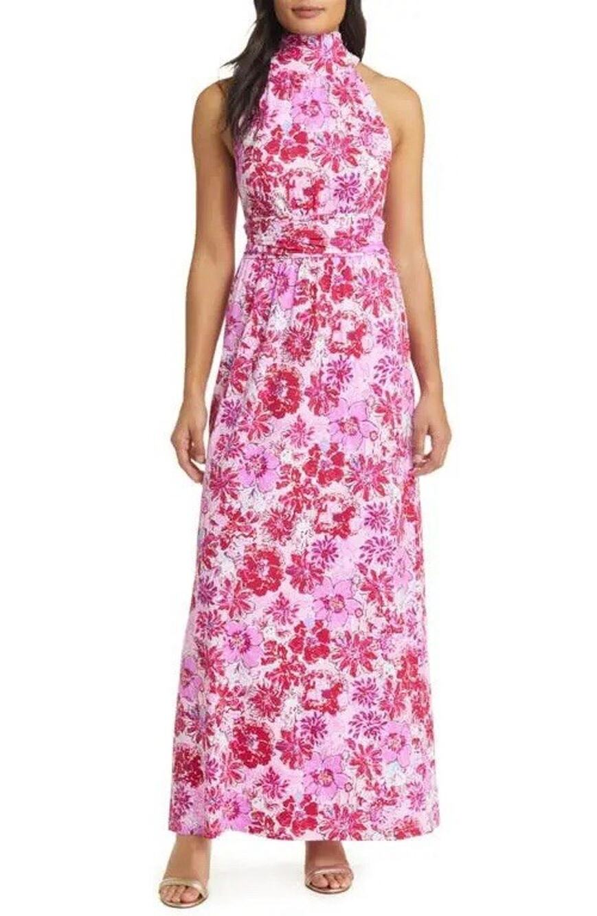Lilly Pulitzer Wyota Floral High Neck Midi Dress L Lilac Thistle Wildflower
